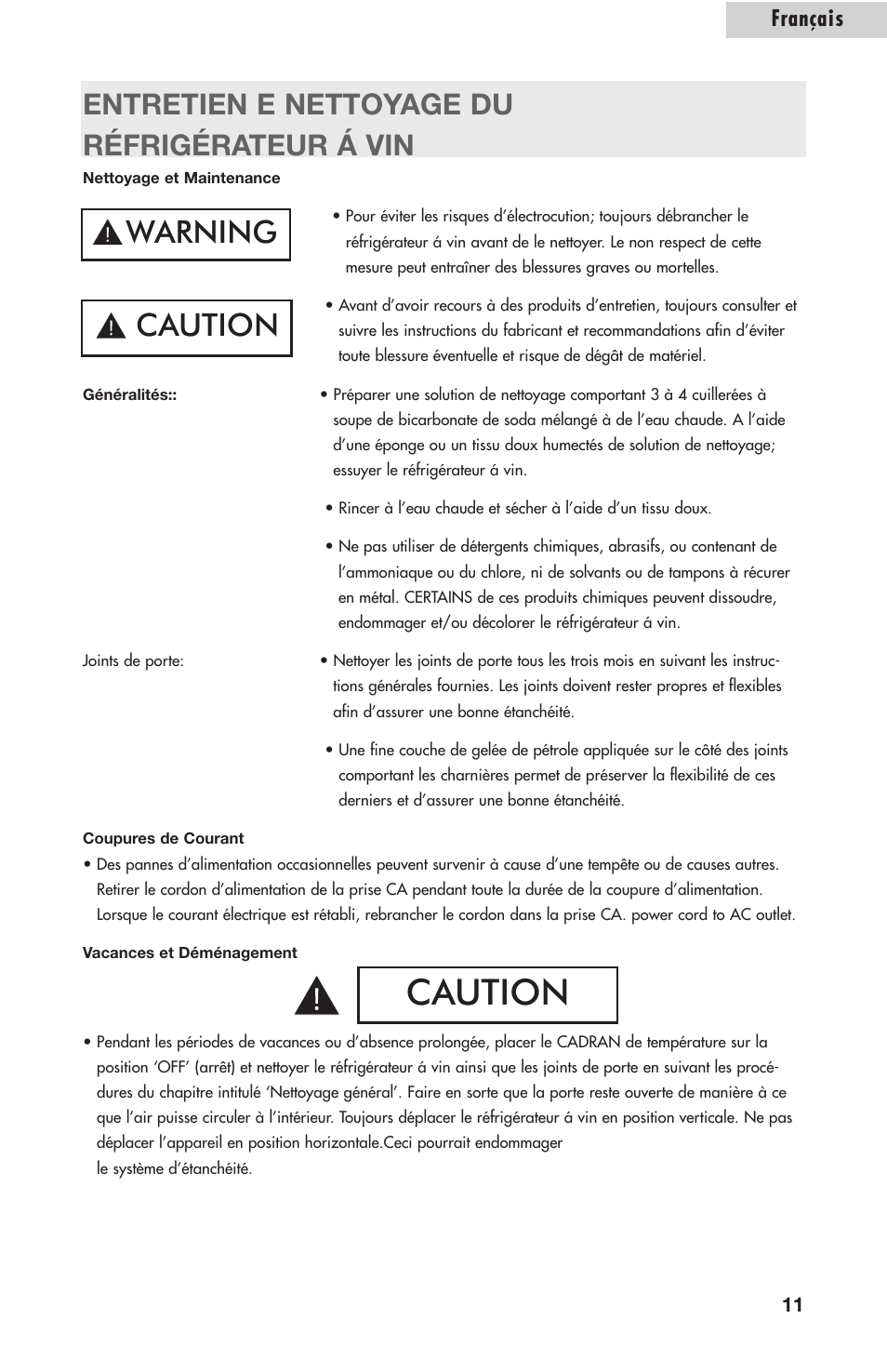 Caution, Warning caution, Entretien e nettoyage du réfrigérateur á vin | Français | Amana AWCE50ARS User Manual | Page 26 / 44