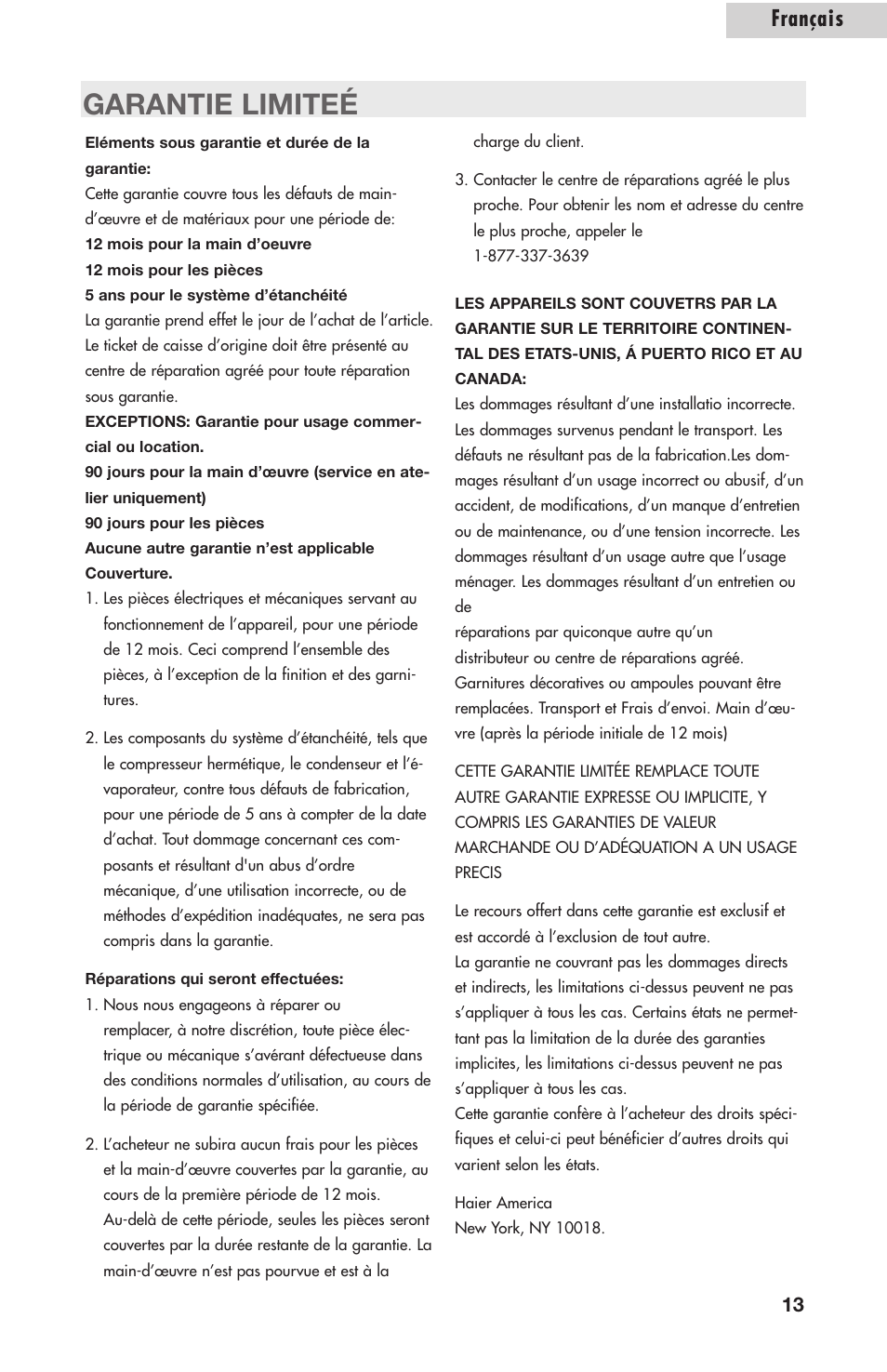 Garantie limiteé, Français | Amana AWCE50ARS User Manual | Page 28 / 44