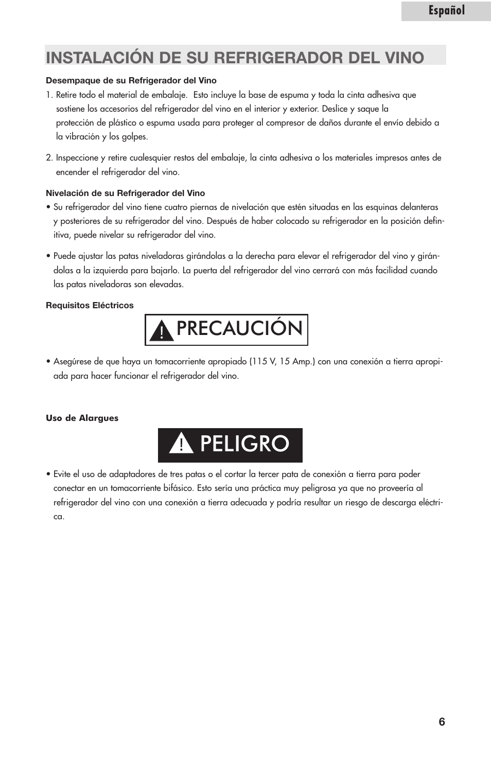 Peligro, Precaución, Instalación de su refrigerador del vino | Español | Amana AWCE50ARS User Manual | Page 34 / 44