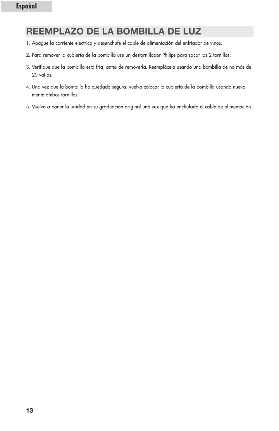 Reemplazo de la bombilla de luz, Español | Amana AWCE50ARS User Manual | Page 41 / 44