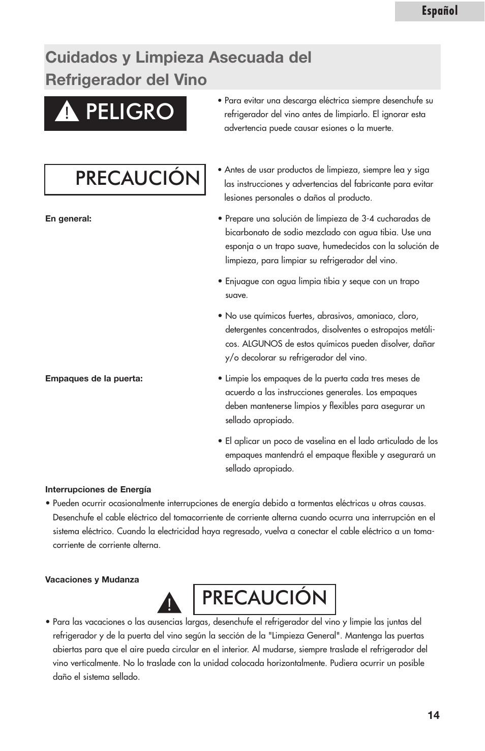 Peligro, Precaución, Español | Amana AWCE50ARS User Manual | Page 42 / 44
