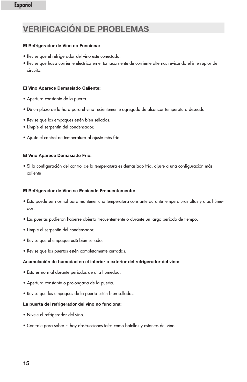 Verificación de problemas, Español | Amana AWCE50ARS User Manual | Page 43 / 44