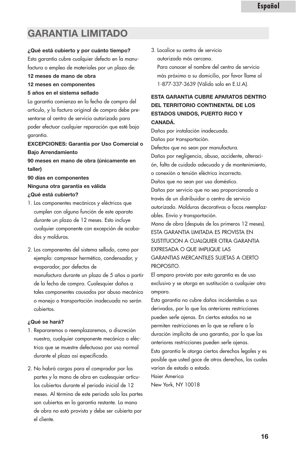 Garantia limitado, Español | Amana AWCE50ARS User Manual | Page 44 / 44