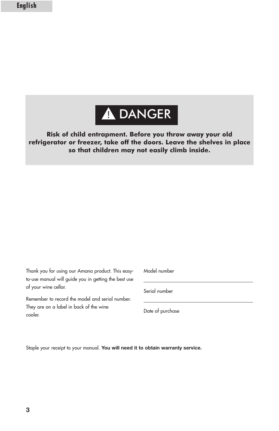 Danger | Amana AWCE50ARS User Manual | Page 5 / 44