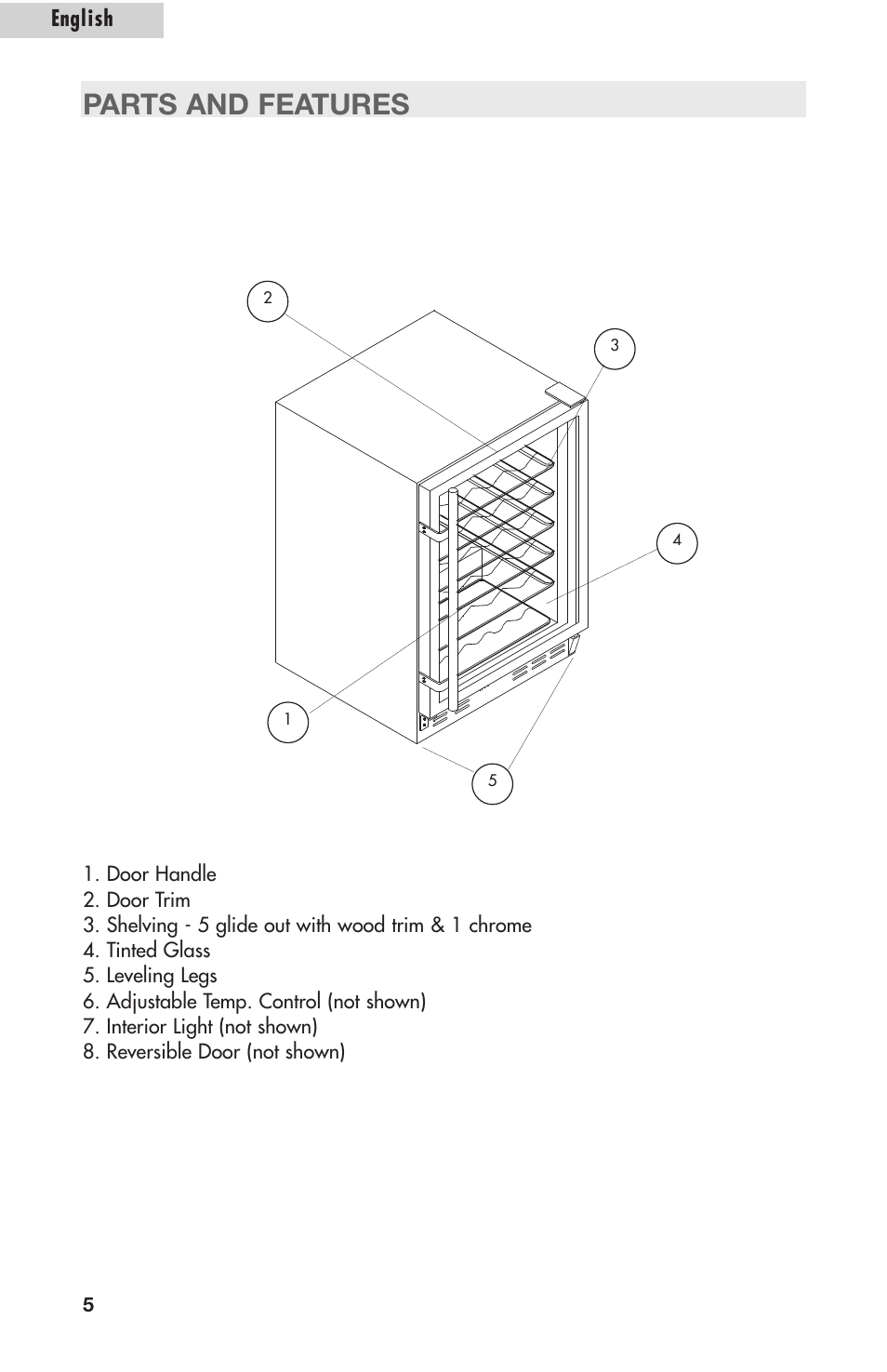 Parts and features, English | Amana AWCE50ARS User Manual | Page 7 / 44