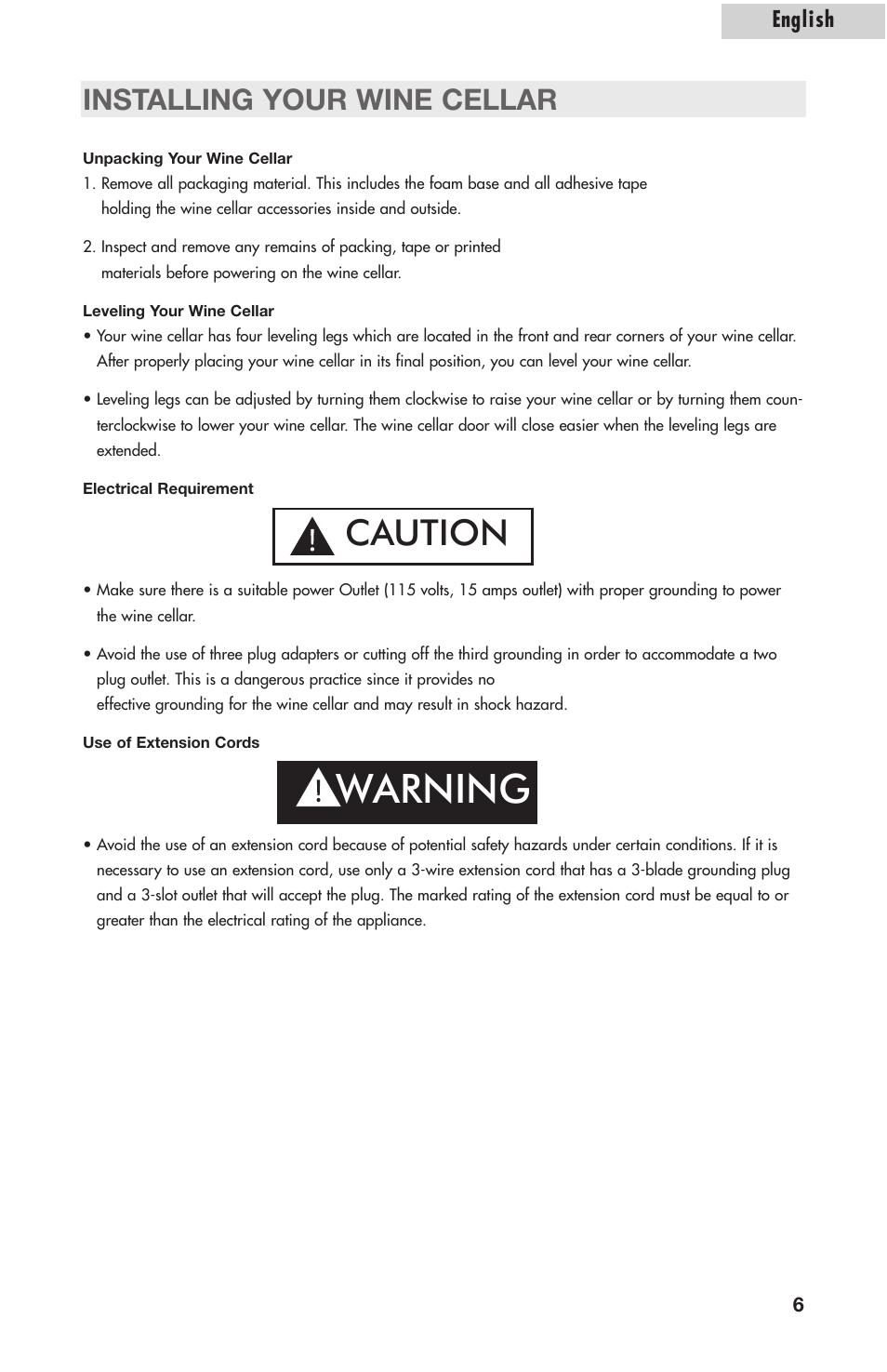 Warning, Caution, Installing your wine cellar | English | Amana AWCE50ARS User Manual | Page 8 / 44