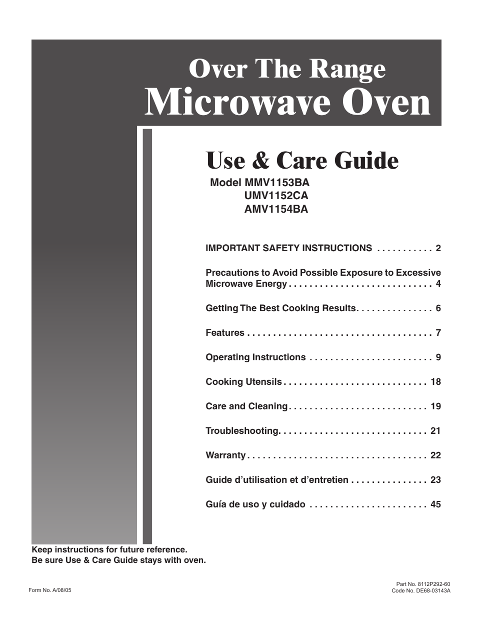 Amana MMV1153BA User Manual | 68 pages