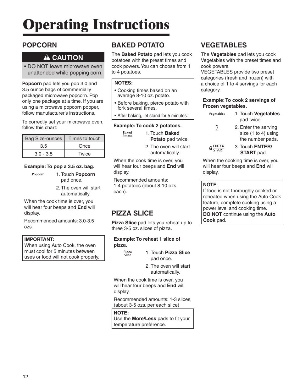 Operating instructions, Popcorn caution, Baked potato | Pizza slice, Vegetables | Amana MMV1153BA User Manual | Page 12 / 68