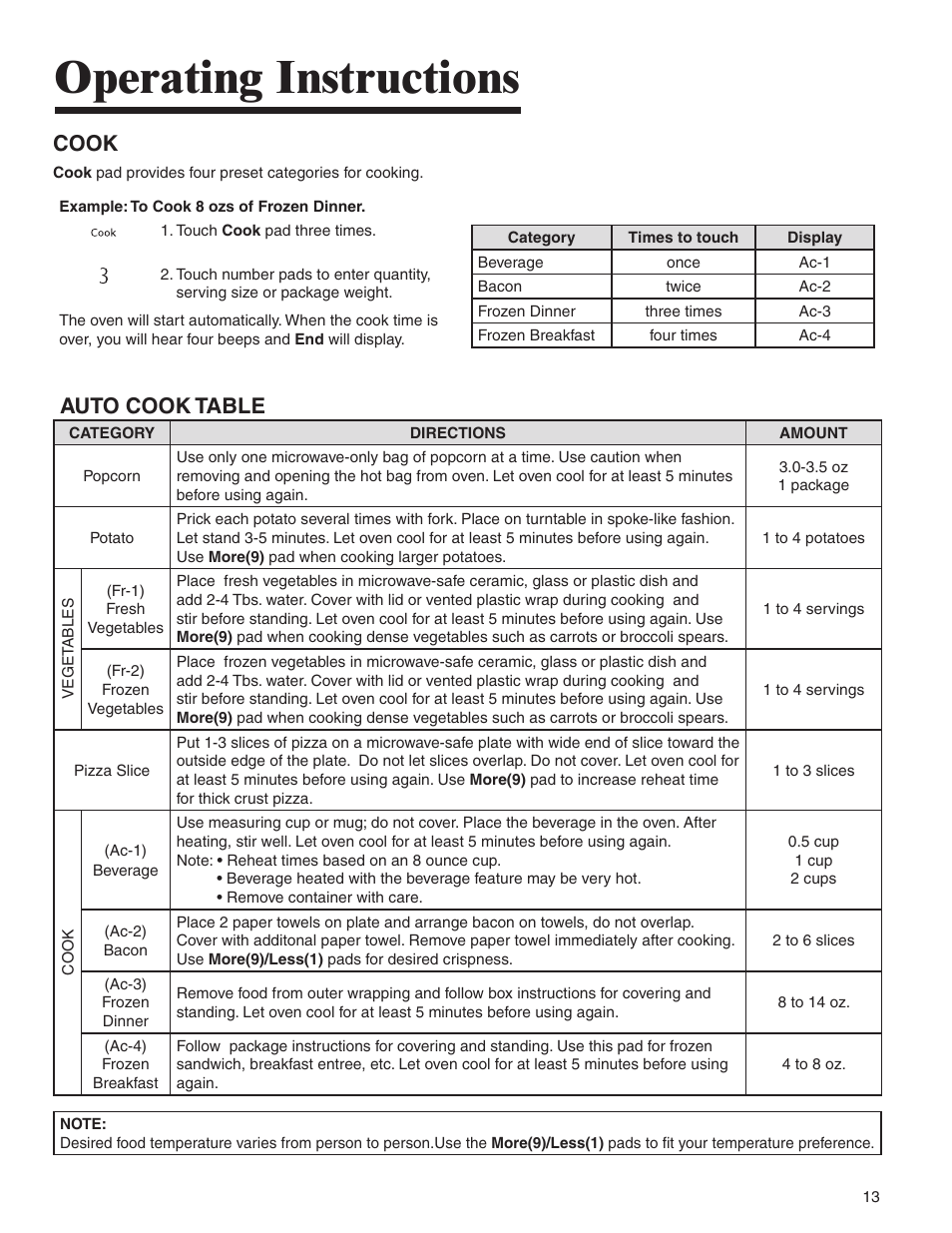 Operating instructions, Cook, Auto cook table | Amana MMV1153BA User Manual | Page 13 / 68