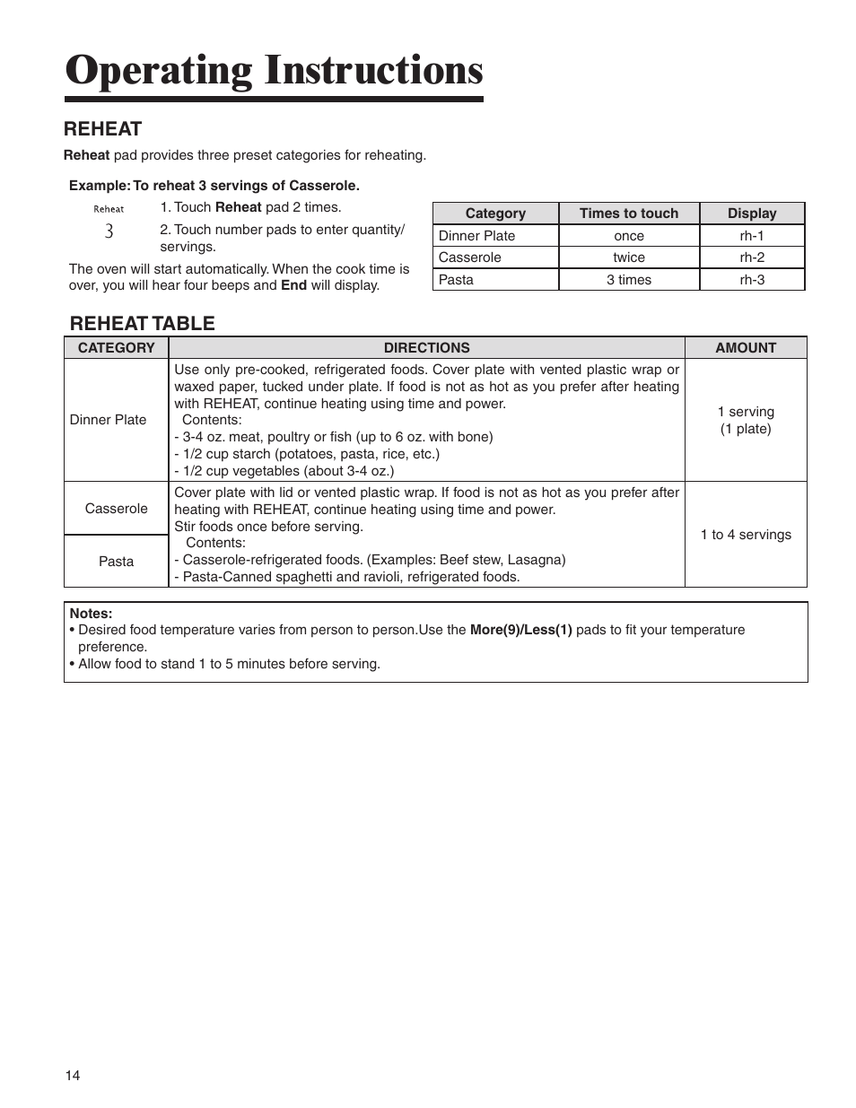 Operating instructions, Reheat, Reheat table | Amana MMV1153BA User Manual | Page 14 / 68