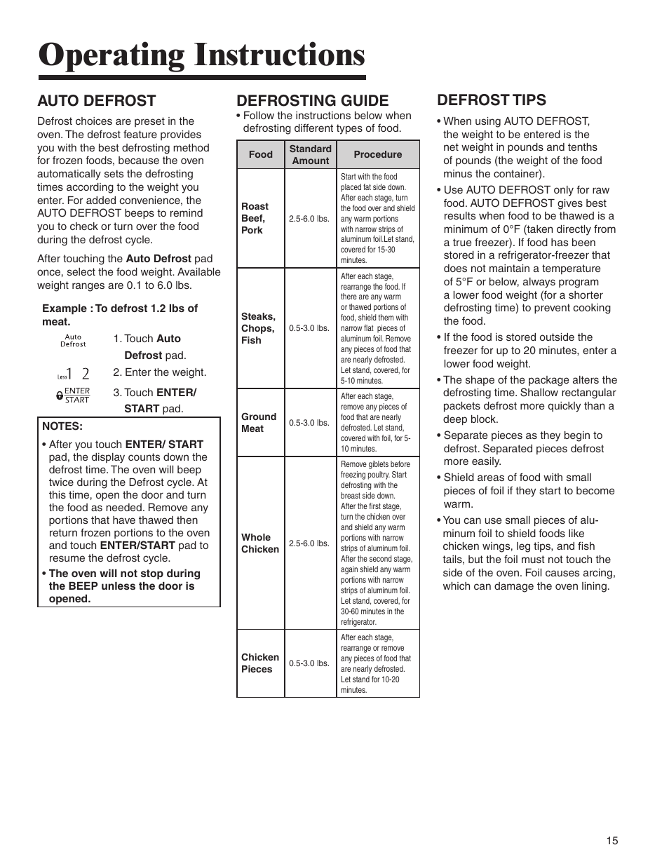 Operating instructions, Defrost tips, Auto defrost | Defrosting guide | Amana MMV1153BA User Manual | Page 15 / 68