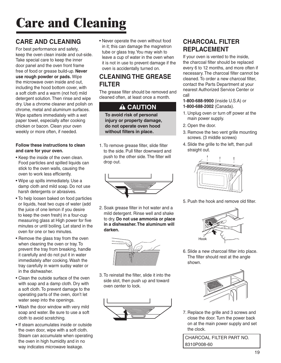 Charcoal filter replacement, Care and cleaning, Cleaning the grease filter | Caution | Amana MMV1153BA User Manual | Page 19 / 68
