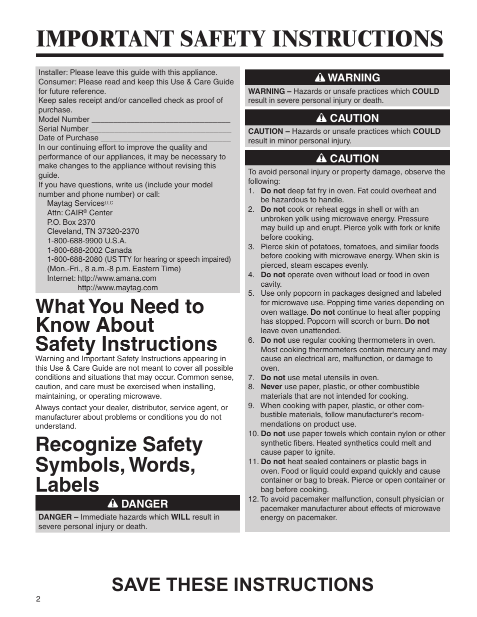 Important safety instructions, What you need to know about safety instructions, Recognize safety symbols, words, labels | Save these instructions | Amana MMV1153BA User Manual | Page 2 / 68