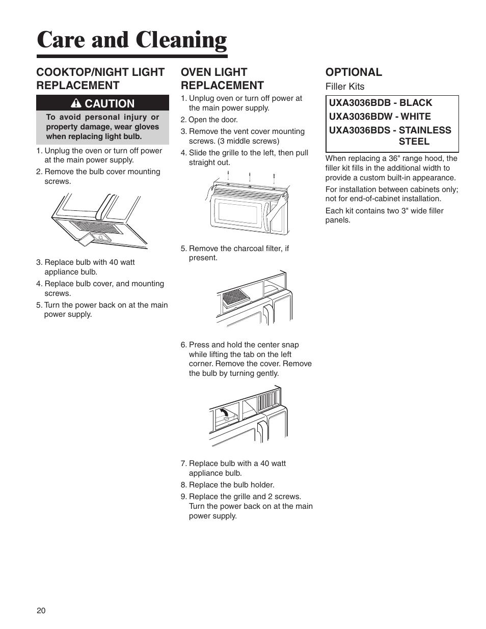 Care and cleaning, Cooktop/night light replacement caution, Oven light replacement | Optional | Amana MMV1153BA User Manual | Page 20 / 68