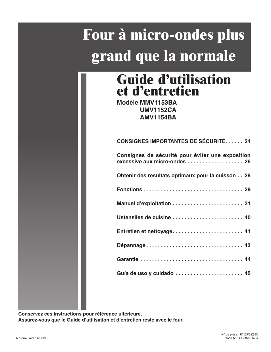 Four à micro-ondes plus grand que la normale, Guide d’utilisation et d’entretien | Amana MMV1153BA User Manual | Page 23 / 68