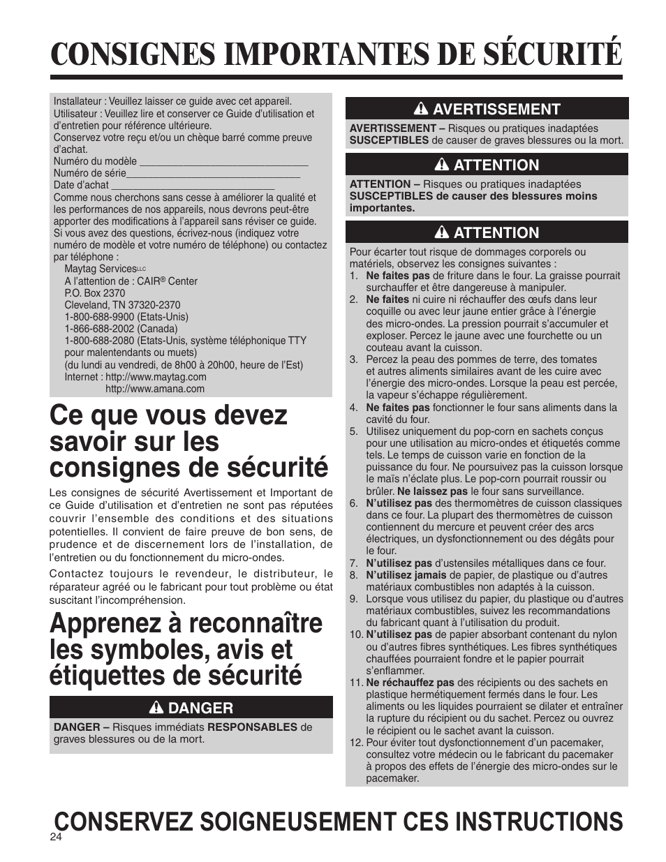 Consignes importantes de sécurité, Conservez soigneusement ces instructions, Danger | Avertissement, Attention | Amana MMV1153BA User Manual | Page 24 / 68