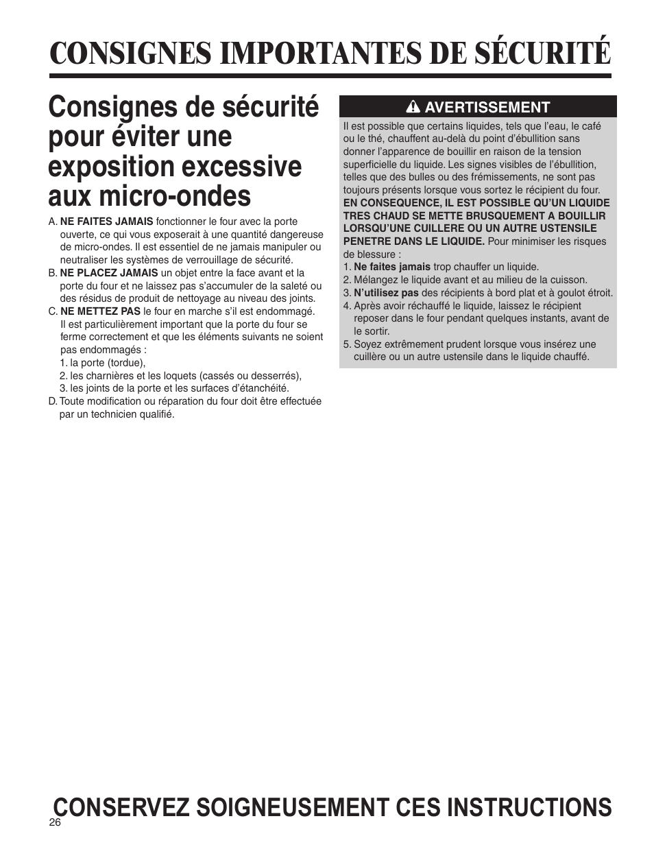 Consignes importantes de sécurité, Conservez soigneusement ces instructions | Amana MMV1153BA User Manual | Page 26 / 68