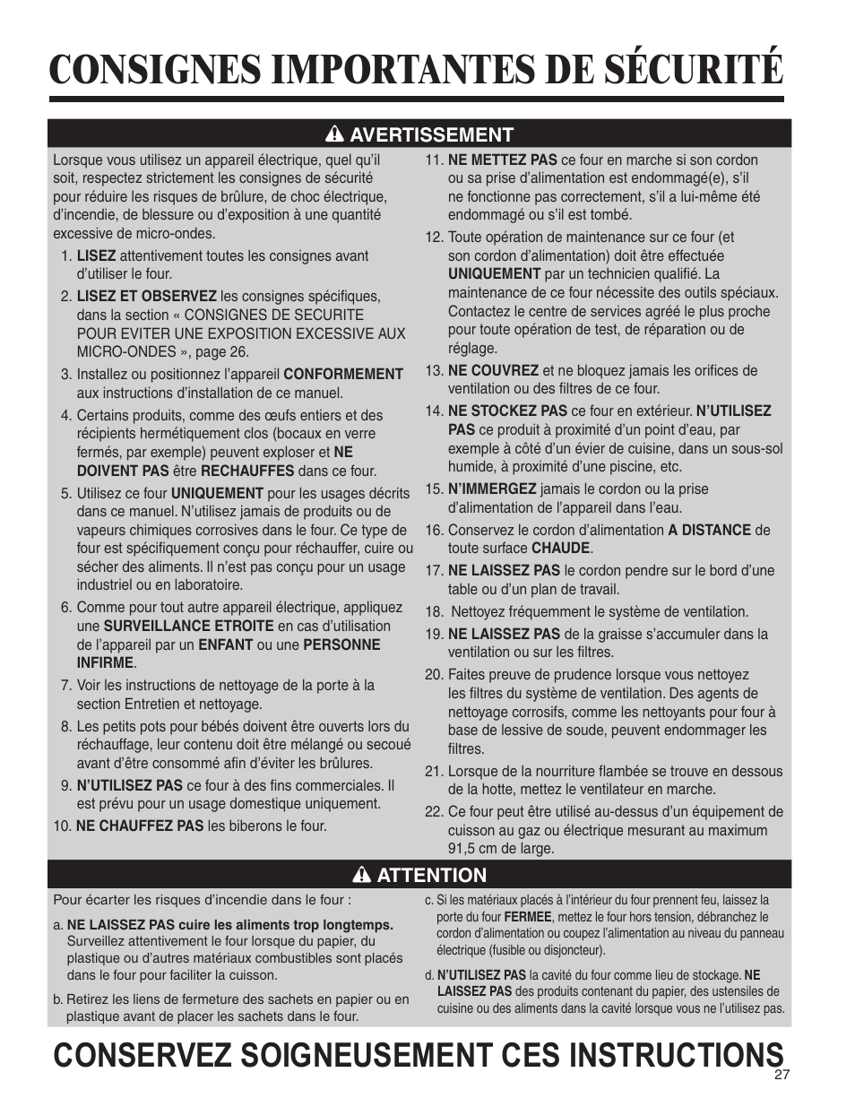 Consignes importantes de sécurité, Conservez soigneusement ces instructions, Avertissement | Attention | Amana MMV1153BA User Manual | Page 27 / 68
