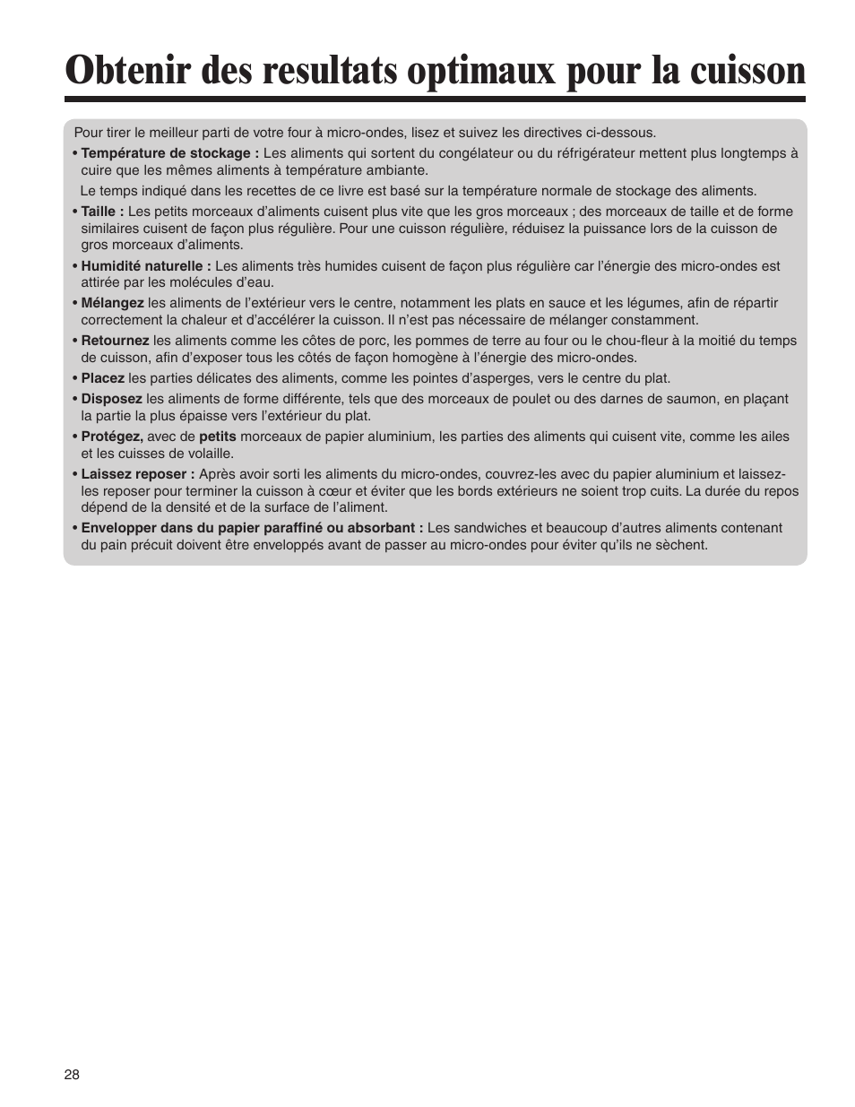 Obtenir des resultats optimaux pour la cuisson | Amana MMV1153BA User Manual | Page 28 / 68