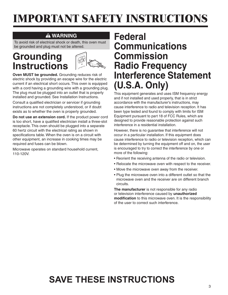 Important safety instructions, Grounding instructions, Save these instructions | Amana MMV1153BA User Manual | Page 3 / 68