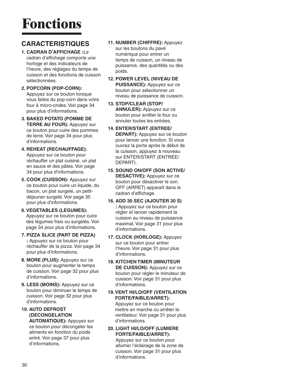 Fonctions, Caracteristiques | Amana MMV1153BA User Manual | Page 30 / 68