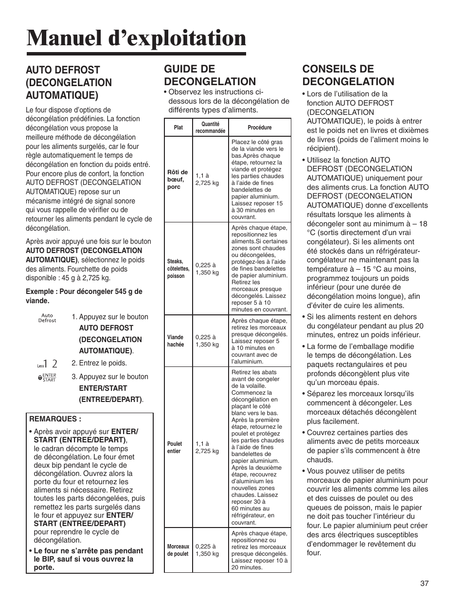 Manuel d’exploitation, Guide de decongelation, Conseils de decongelation | Auto defrost (decongelation automatique) | Amana MMV1153BA User Manual | Page 37 / 68