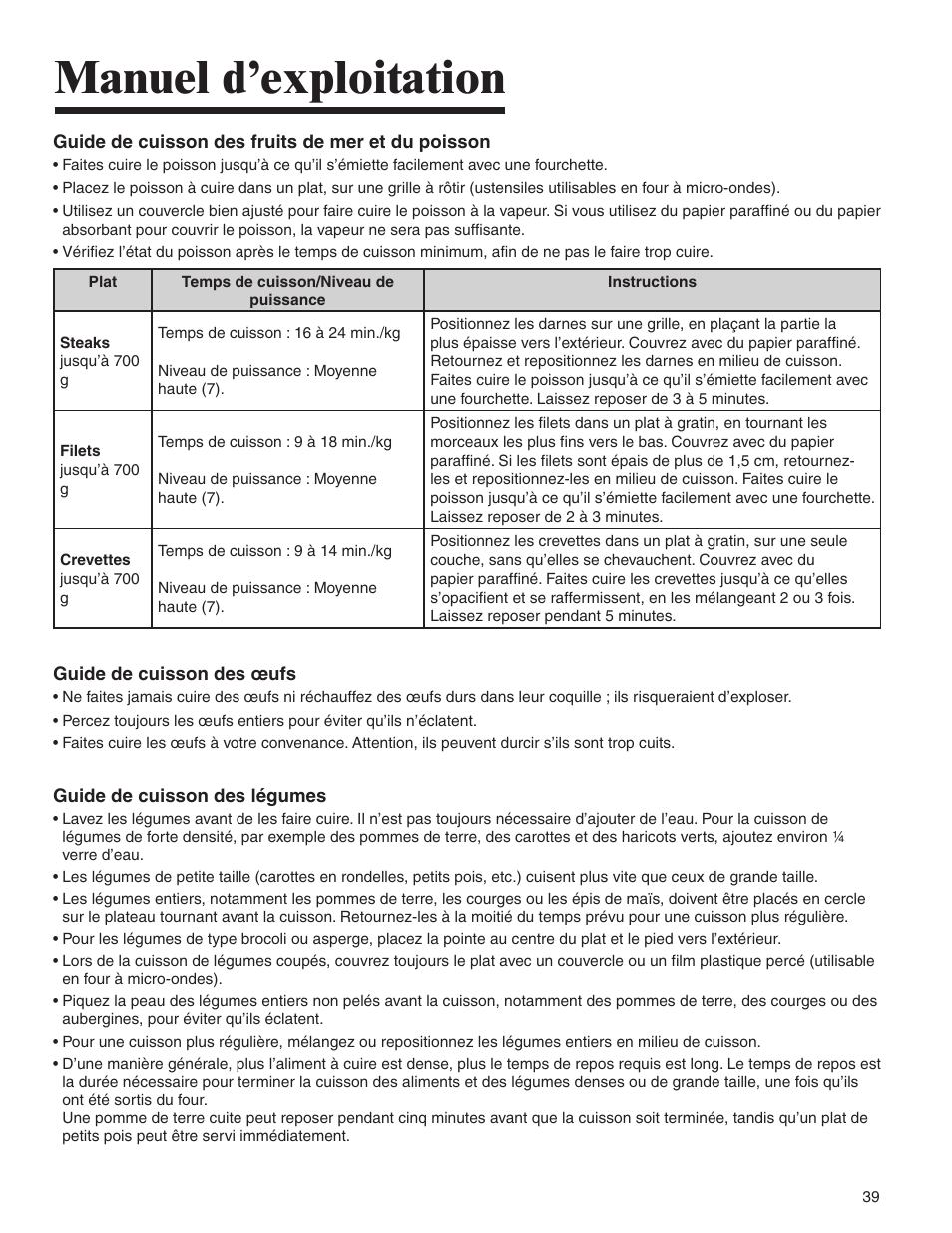Manuel d’exploitation | Amana MMV1153BA User Manual | Page 39 / 68