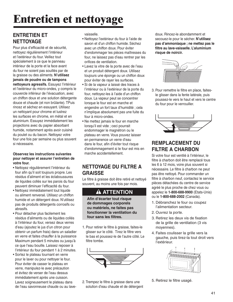 Entretien et nettoyage, Nettoyage du filtre a graisse, Attention | Remplacement du filtre a charbon | Amana MMV1153BA User Manual | Page 41 / 68