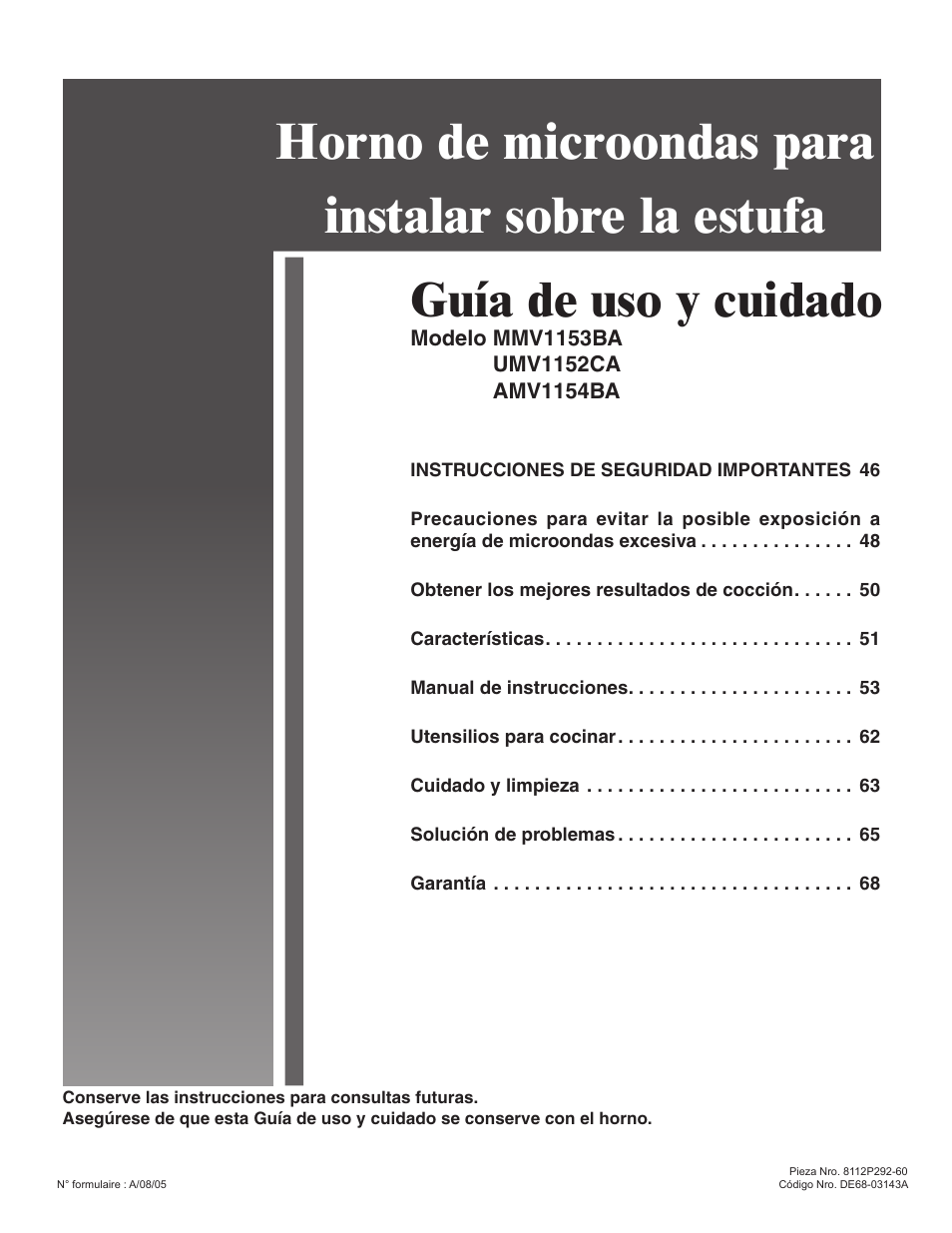Horno de microondas para instalar sobre la estufa, Guía de uso y cuidado | Amana MMV1153BA User Manual | Page 45 / 68