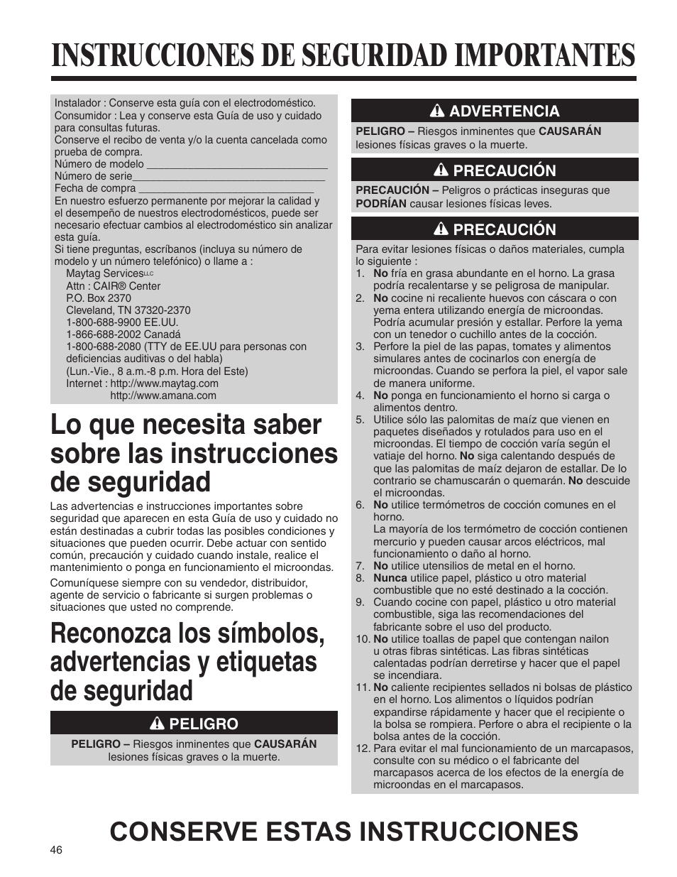 Instrucciones de seguridad importantes, Conserve estas instrucciones, Peligro | Advertencia, Precaución | Amana MMV1153BA User Manual | Page 46 / 68