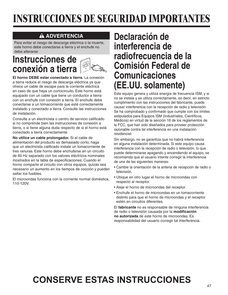 Instrucciones de seguridad importantes, Instrucciones de conexión a tierra, Conserve estas instrucciones | Amana MMV1153BA User Manual | Page 47 / 68