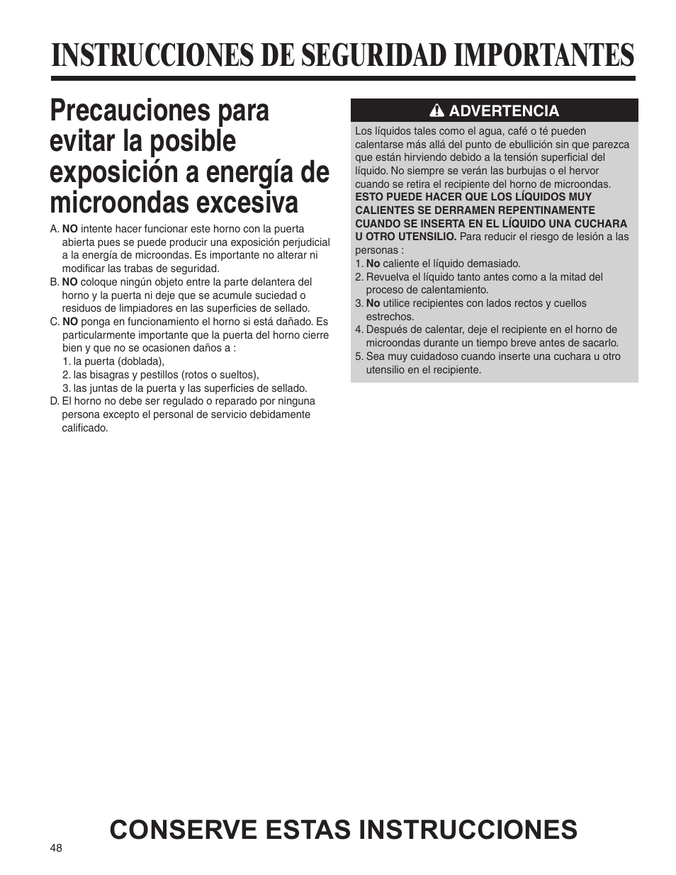 Instrucciones de seguridad importantes, Conserve estas instrucciones | Amana MMV1153BA User Manual | Page 48 / 68