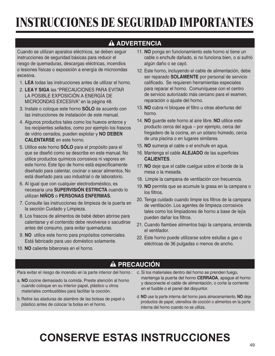 Instrucciones de seguridad importantes, Conserve estas instrucciones, Advertencia | Precaución | Amana MMV1153BA User Manual | Page 49 / 68
