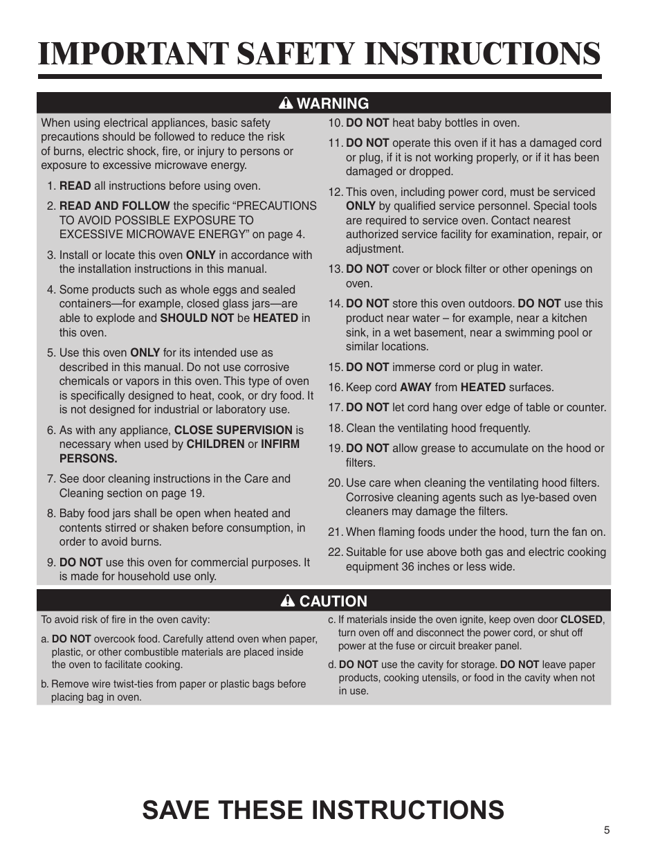 Important safety instructions, Save these instructions | Amana MMV1153BA User Manual | Page 5 / 68