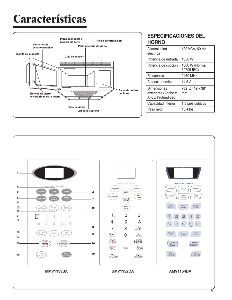 Características, Especificaciones del horno | Amana MMV1153BA User Manual | Page 51 / 68