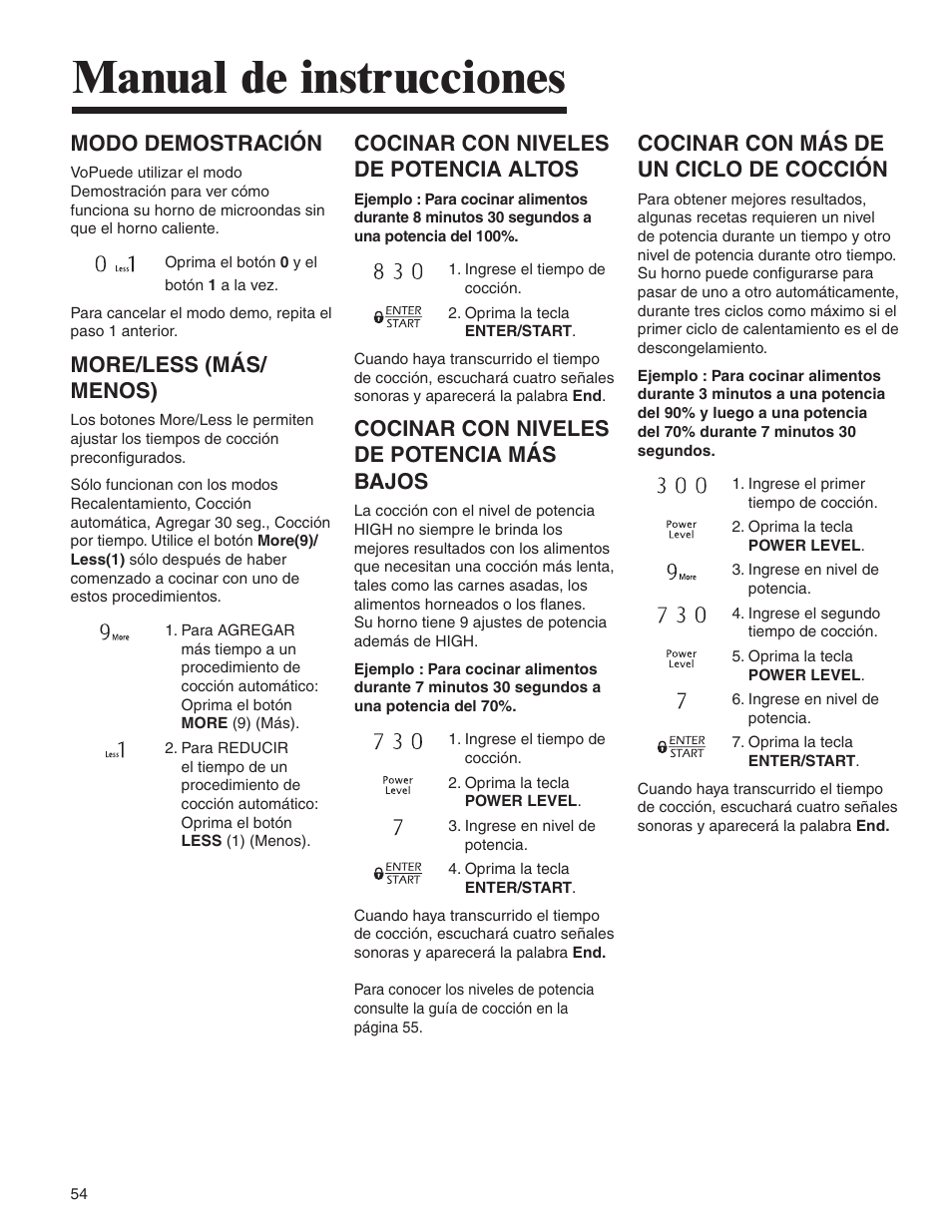 Manual de instrucciones, Modo demostración, More/less (más/ menos) | Cocinar con niveles de potencia altos, Cocinar con niveles de potencia más bajos, Cocinar con más de un ciclo de cocción | Amana MMV1153BA User Manual | Page 54 / 68