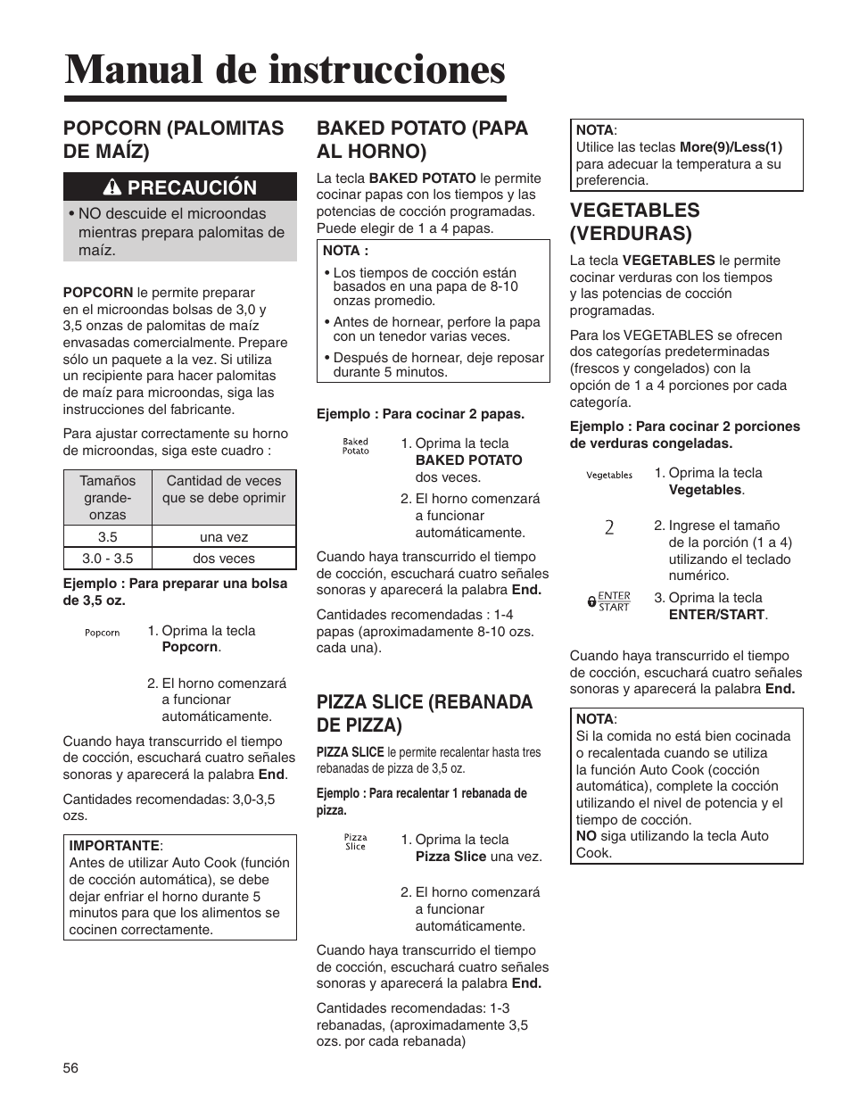 Manual de instrucciones, Popcorn (palomitas de maíz) precaución, Baked potato (papa al horno) | Pizza slice (rebanada de pizza), Vegetables (verduras) | Amana MMV1153BA User Manual | Page 56 / 68