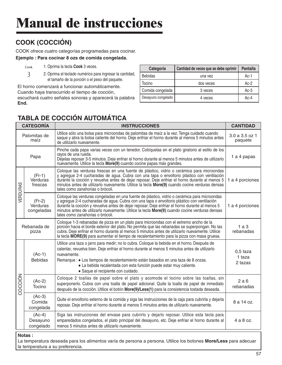 Manual de instrucciones, Cook (cocción), Tabla de cocción automática | Amana MMV1153BA User Manual | Page 57 / 68