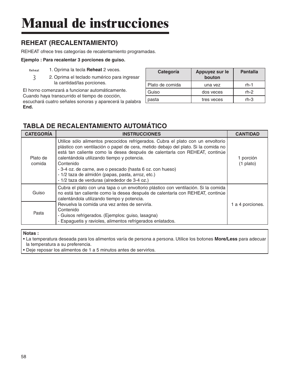 Manual de instrucciones, Reheat (recalentamiento), Tabla de recalentamiento automático | Amana MMV1153BA User Manual | Page 58 / 68