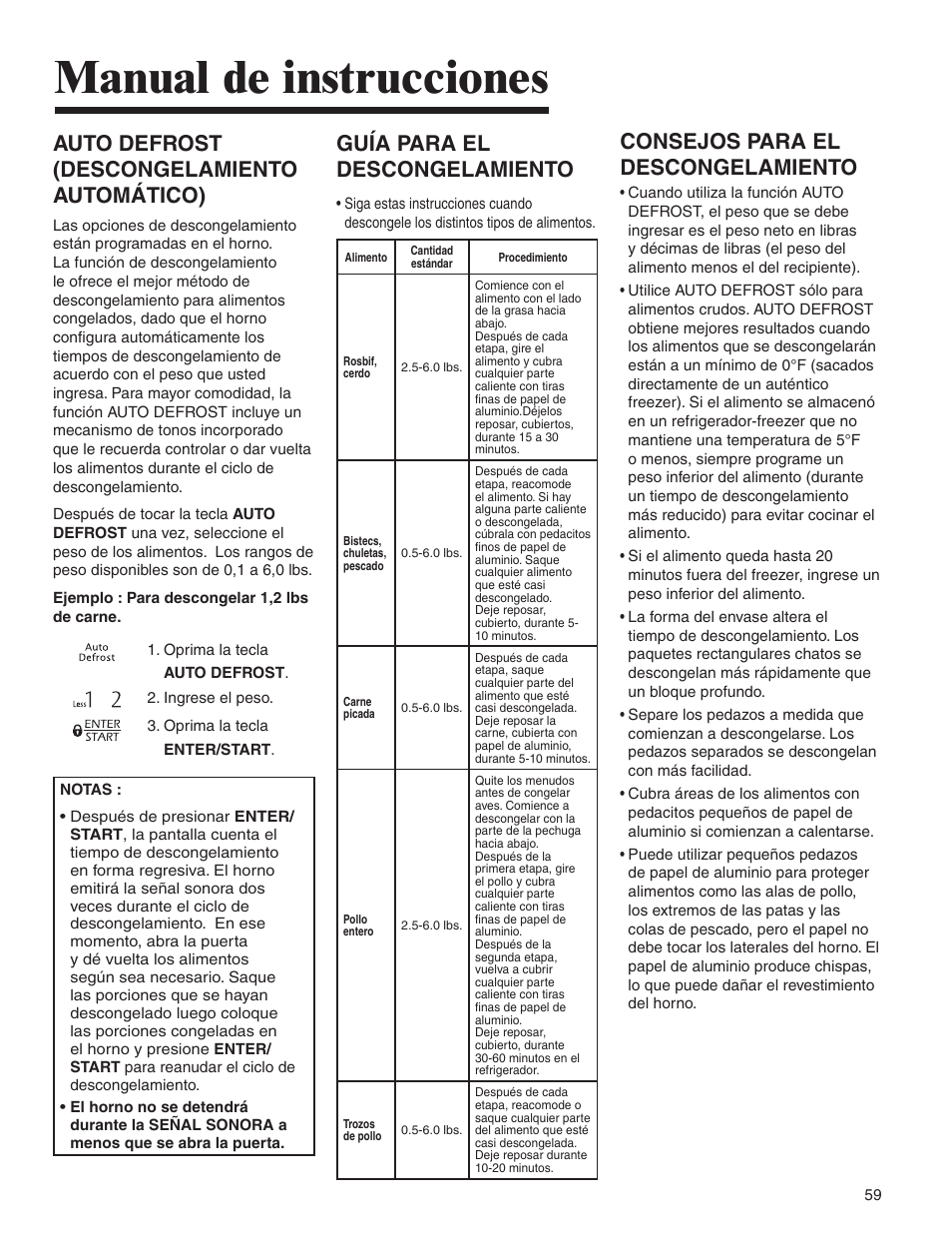 Manual de instrucciones, Consejos para el descongelamiento, Auto defrost (descongelamiento automático) | Guía para el descongelamiento | Amana MMV1153BA User Manual | Page 59 / 68