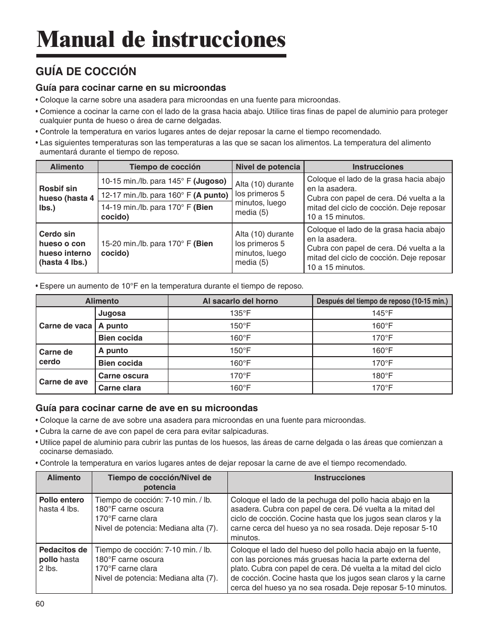 Manual de instrucciones, Guía de cocción | Amana MMV1153BA User Manual | Page 60 / 68