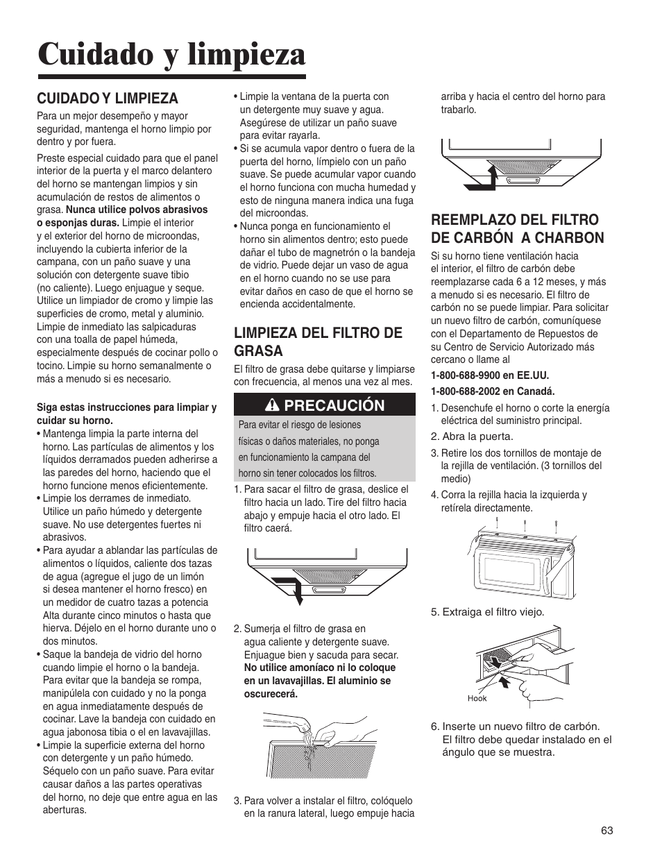 Cuidado y limpieza, Limpieza del filtro de grasa, Precaución | Reemplazo del filtro de carbón a charbon | Amana MMV1153BA User Manual | Page 63 / 68