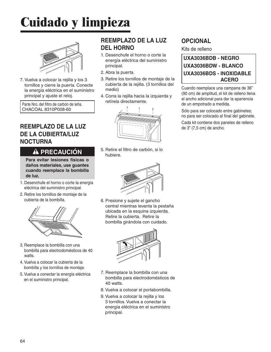 Cuidado y limpieza, Reemplazo de la luz del horno, Opcional | Amana MMV1153BA User Manual | Page 64 / 68