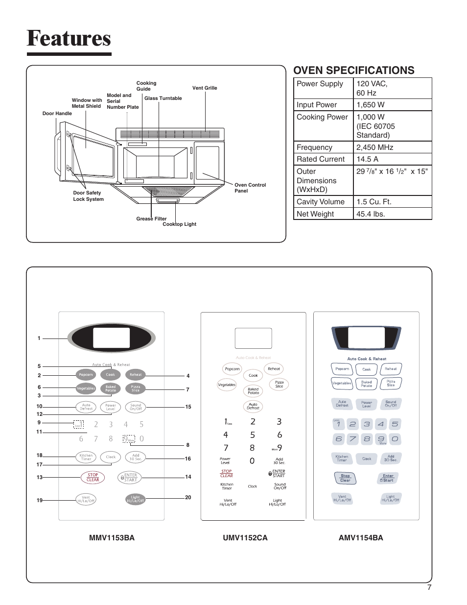Features, Oven specifications | Amana MMV1153BA User Manual | Page 7 / 68