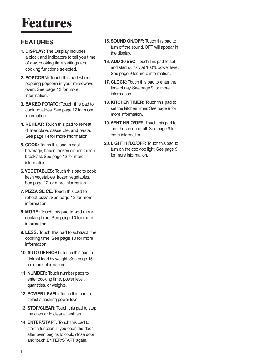 Features | Amana MMV1153BA User Manual | Page 8 / 68