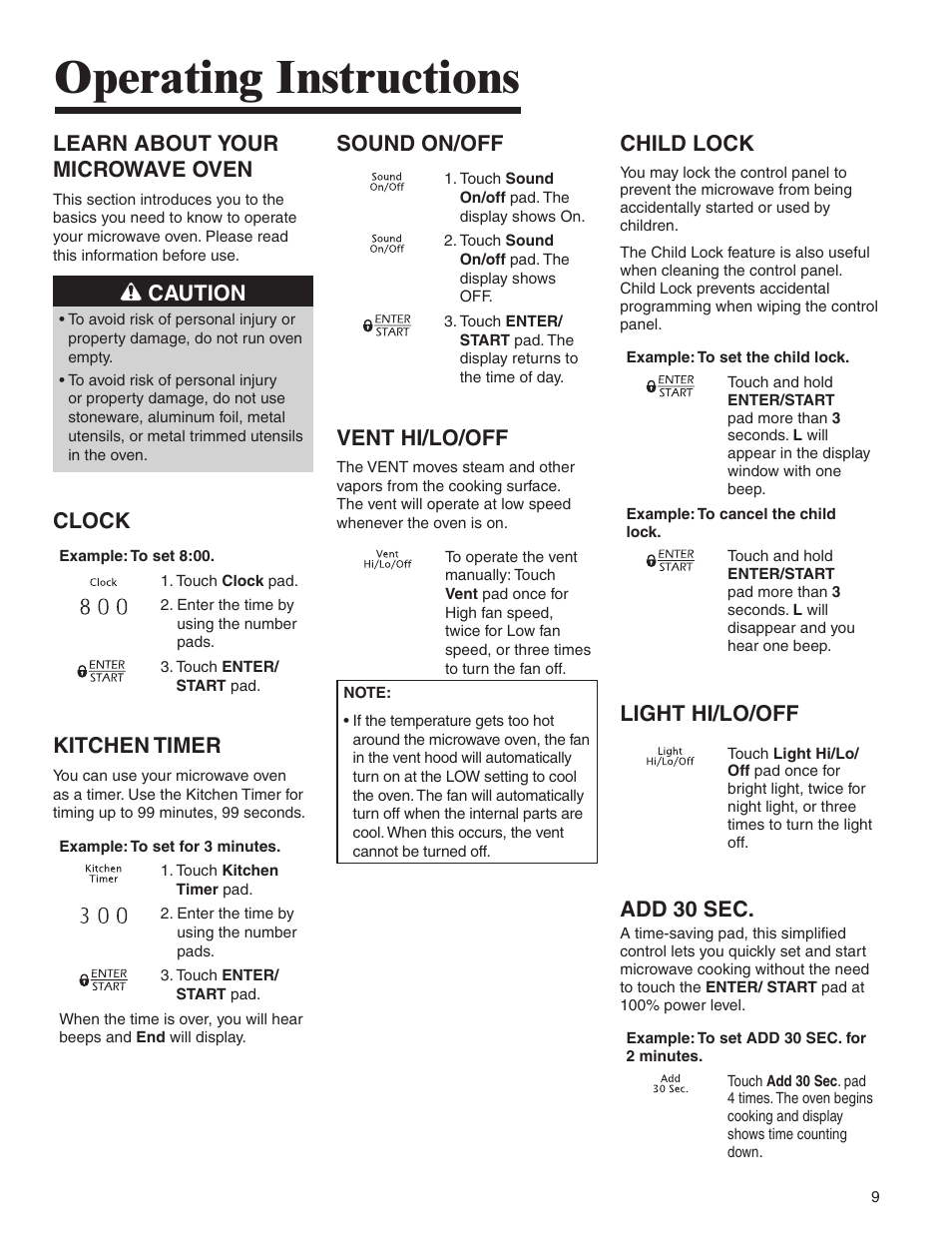 Operating instructions, Learn about your microwave oven, Caution | Clock, Kitchen timer, Sound on/off, Vent hi/lo/off, Child lock, Light hi/lo/off, Add 30 sec | Amana MMV1153BA User Manual | Page 9 / 68