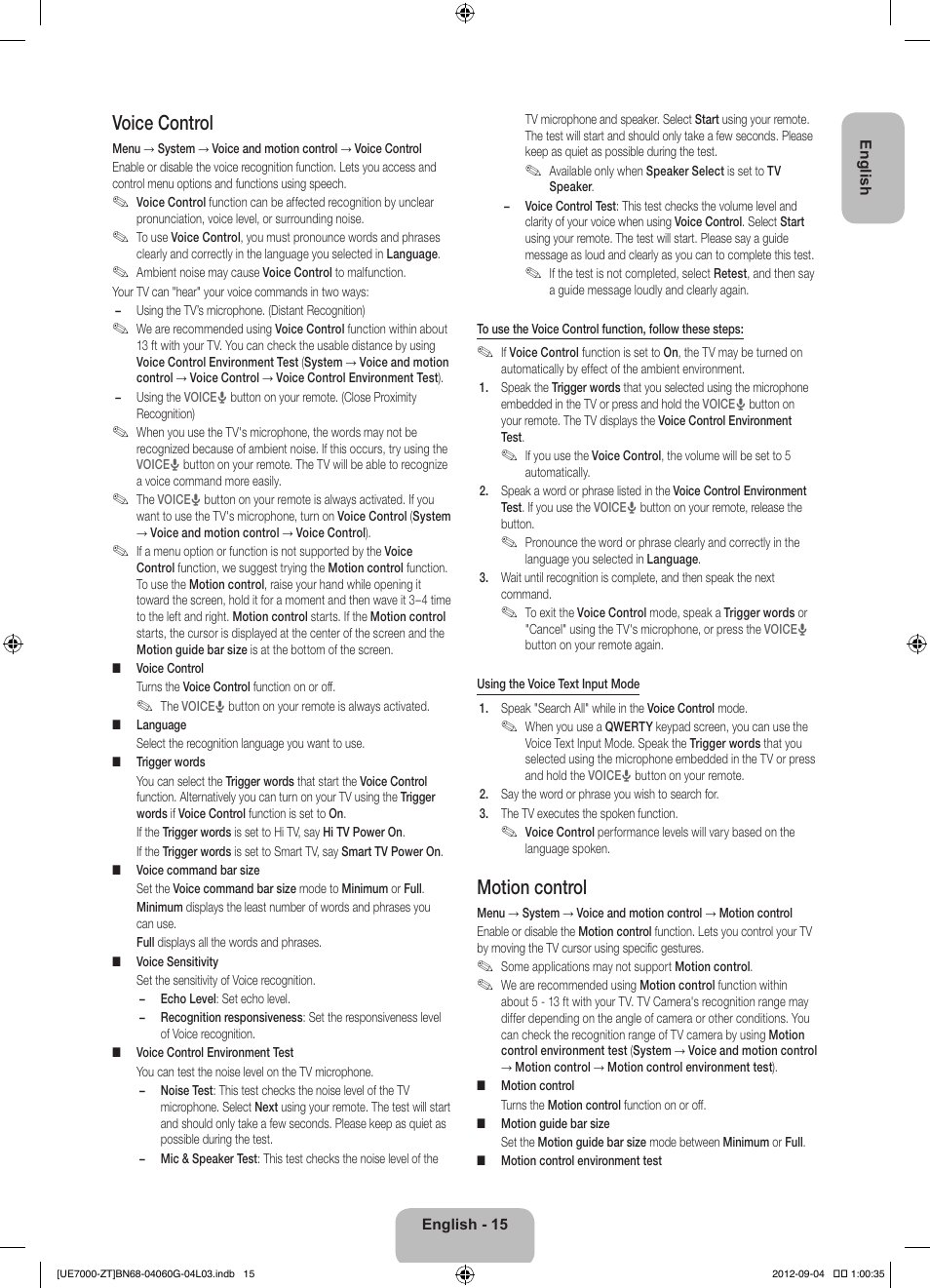 Voice control, Motion control | Samsung UE46ES7000Q User Manual | Page 15 / 71