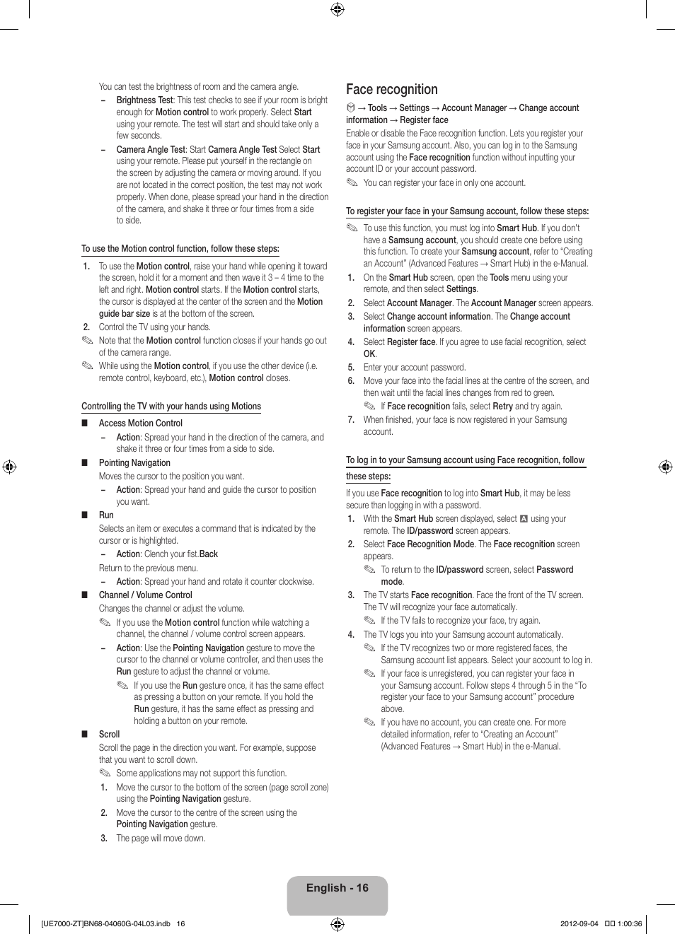 Face recognition | Samsung UE46ES7000Q User Manual | Page 16 / 71