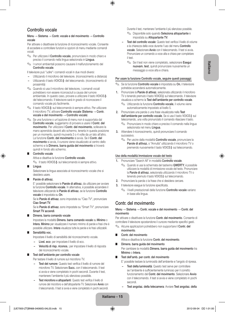 Controllo vocale, Contr. del movimento | Samsung UE46ES7000Q User Manual | Page 38 / 71