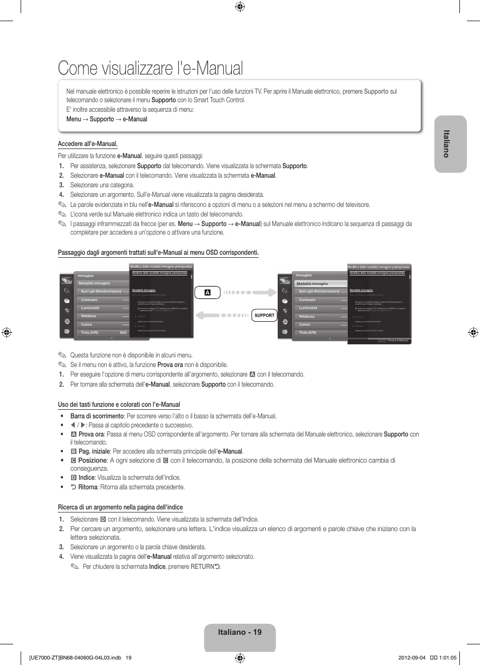 Come visualizzare l'e-manual, Italiano, Italiano - 19 | Questa funzione non è disponibile in alcuni menu, Per chiudere la schermata indice, premere returnr | Samsung UE46ES7000Q User Manual | Page 42 / 71